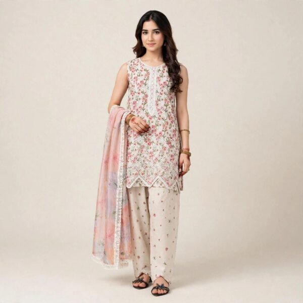 Front view of white floral chikankari lawn suit with embroidered neckline, scalloped daman and pink dupatta